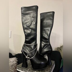 Dolls Kill Black Heeled Boots with Silver Chain
